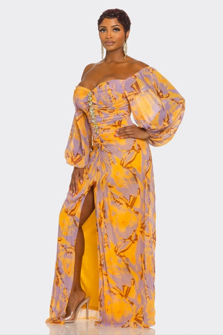 RUCHED PRINT OFF SHOULDER MAXI DRESS