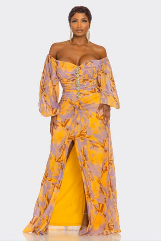 RUCHED PRINT OFF SHOULDER MAXI DRESS