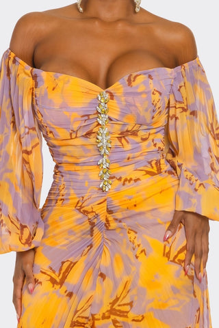 RUCHED PRINT OFF SHOULDER MAXI DRESS