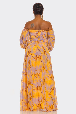 RUCHED PRINT OFF SHOULDER MAXI DRESS