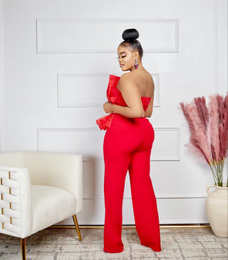 MIKELA RED  TULLE PLEATED PEPLUM TOP JUMPSUIT