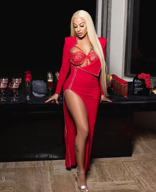 RED BODYSUIT RHINESTONE EMBELLISHED DRESS SET